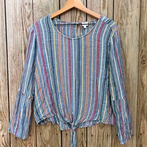 Multi color light weight button down with tie waist.